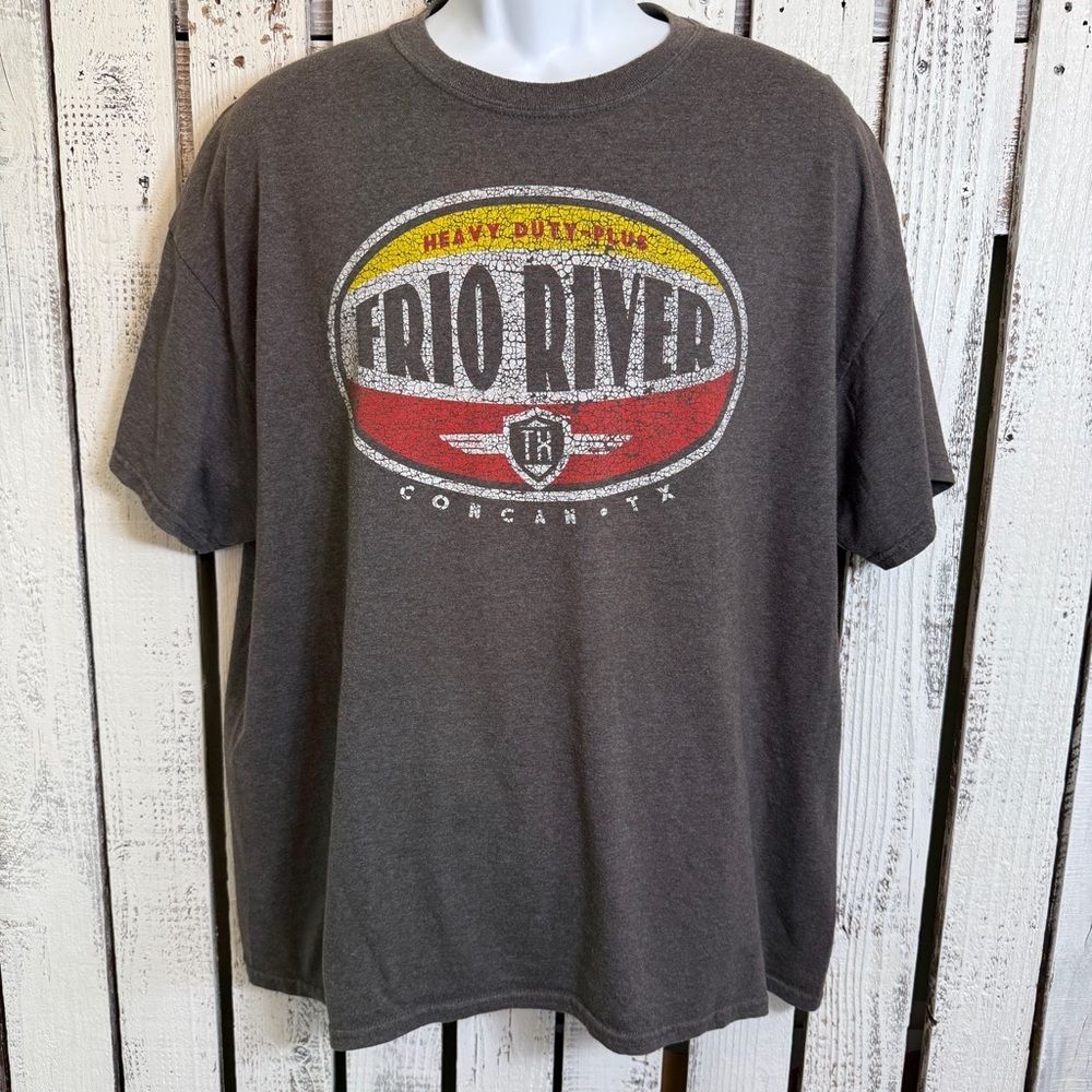 Gildan Charcoal Short Sleeve Tee with Yellow & Red Frio River, TX Logo